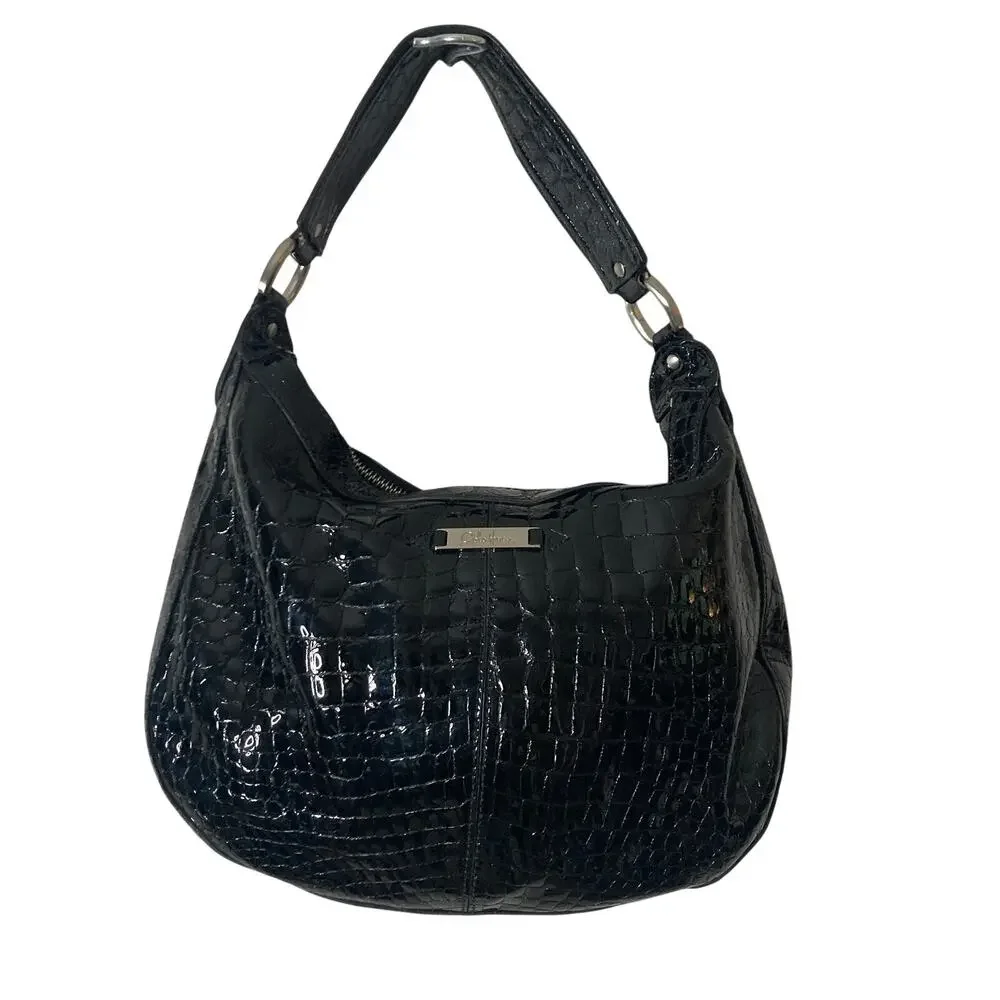 Cole Haan Hobo Bag Womens Black Patent Leather Croc Embossed Y2K Shoulder Purse